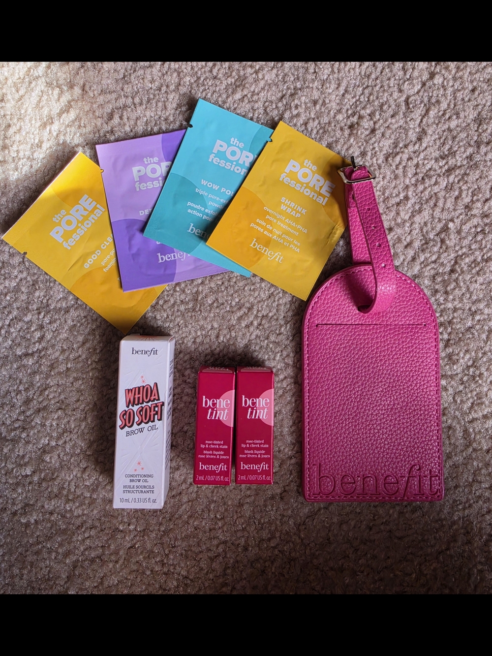 Benefit Brow Oil, Lip & Cheek Stain, Brow Setter & Luggage Tag W/Samples $55NWT